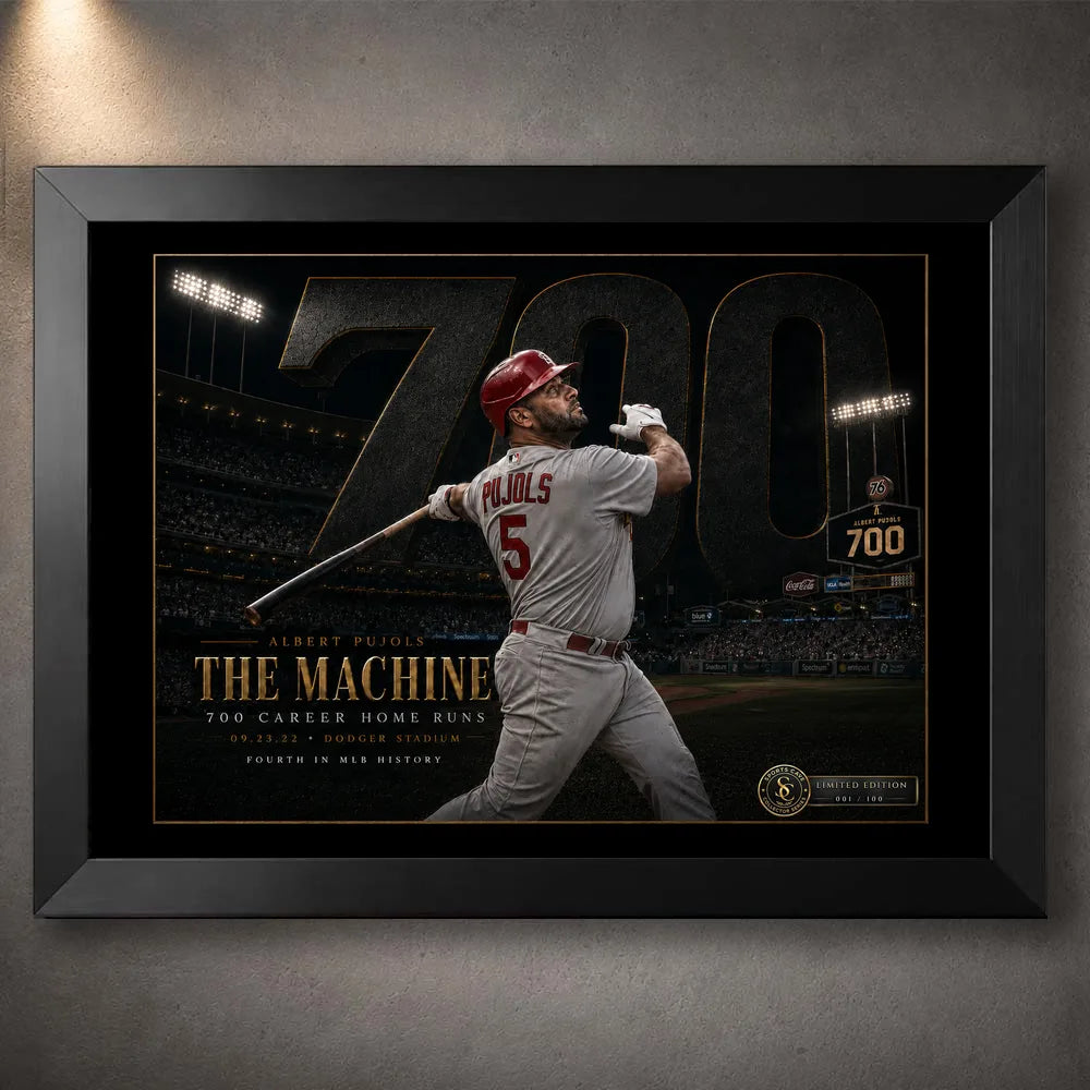 Black framed Albert Pujols 700 baseball wall art featuring The Machine milestone tribute at Dodger Stadium.