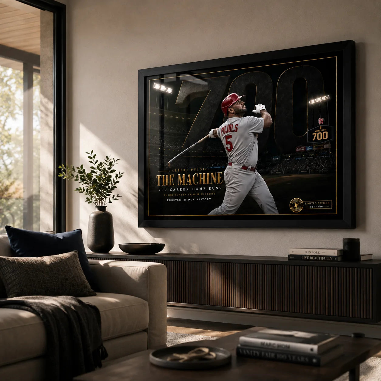Albert Pujols 700 wall art displayed in a warm premium living room with a black frame and natural daylight.
