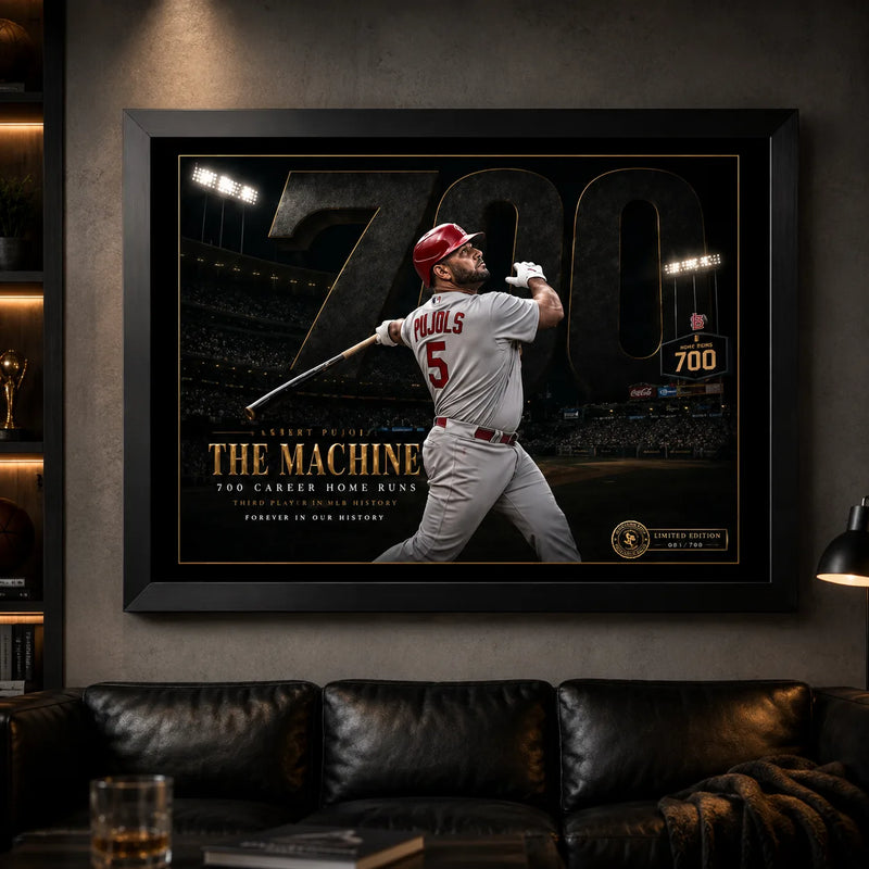 Black framed Albert Pujols 700 baseball wall art displayed in a dark premium man cave with focused lighting.