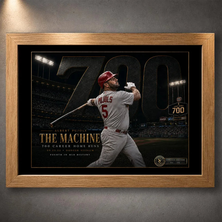 Oak framed Albert Pujols 700 baseball wall art featuring The Machine home run milestone design.