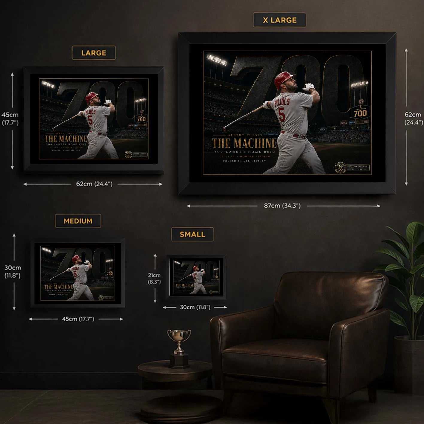 Albert Pujols 700 wall art size guide showing Small, Medium, Large and X Large framed dimensions.