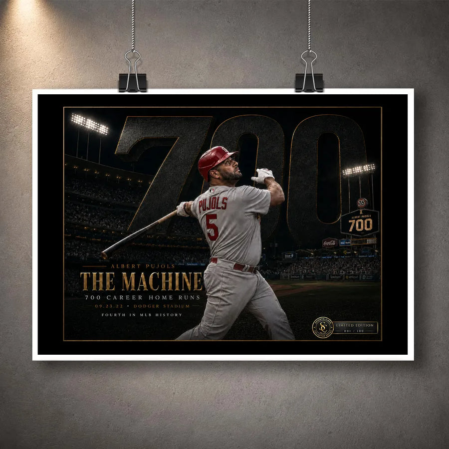 Unframed Albert Pujols 700 baseball wall art featuring The Machine milestone tribute design.