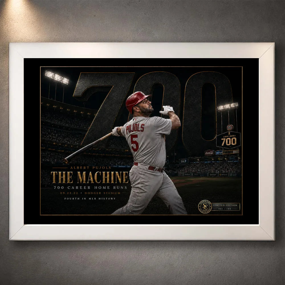 White framed Albert Pujols 700 baseball wall art featuring The Machine home run milestone design.