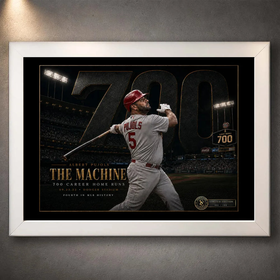 White framed Albert Pujols 700 baseball wall art featuring The Machine home run milestone design.