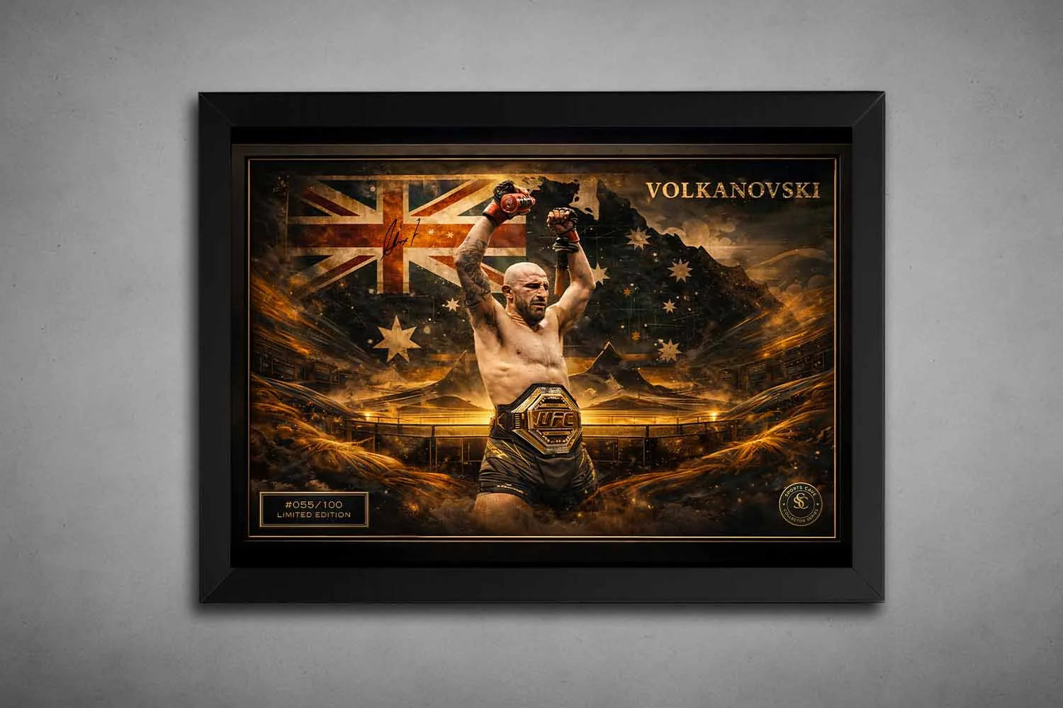 Alexander Volkanovski UFC champion artwork in a black frame, showcasing title victory and Australian pride as premium sports collectibles.