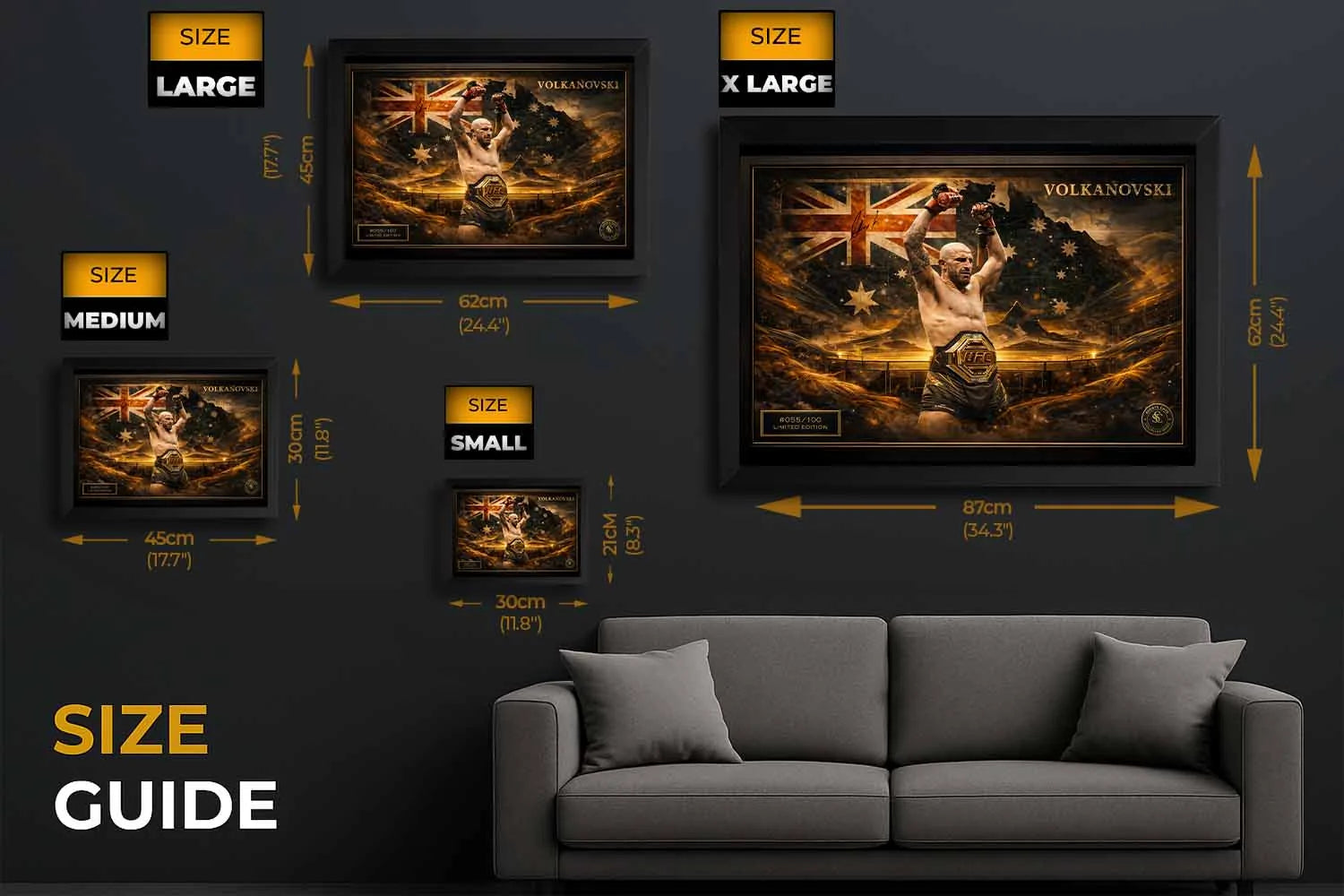 Alexander Volkanovski UFC wall art size guide showing small to extra large formats for limited edition sports prints selection.