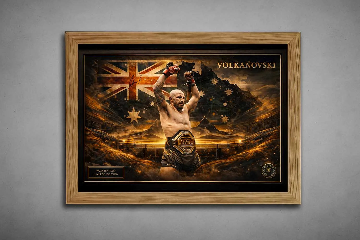Oak-framed Alexander Volkanovski UFC wall art highlighting championship dominance and national pride in a refined framed sports art display.