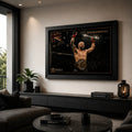 Alexander Volkanovski wall art displayed in a premium modern living room with a black timber frame.