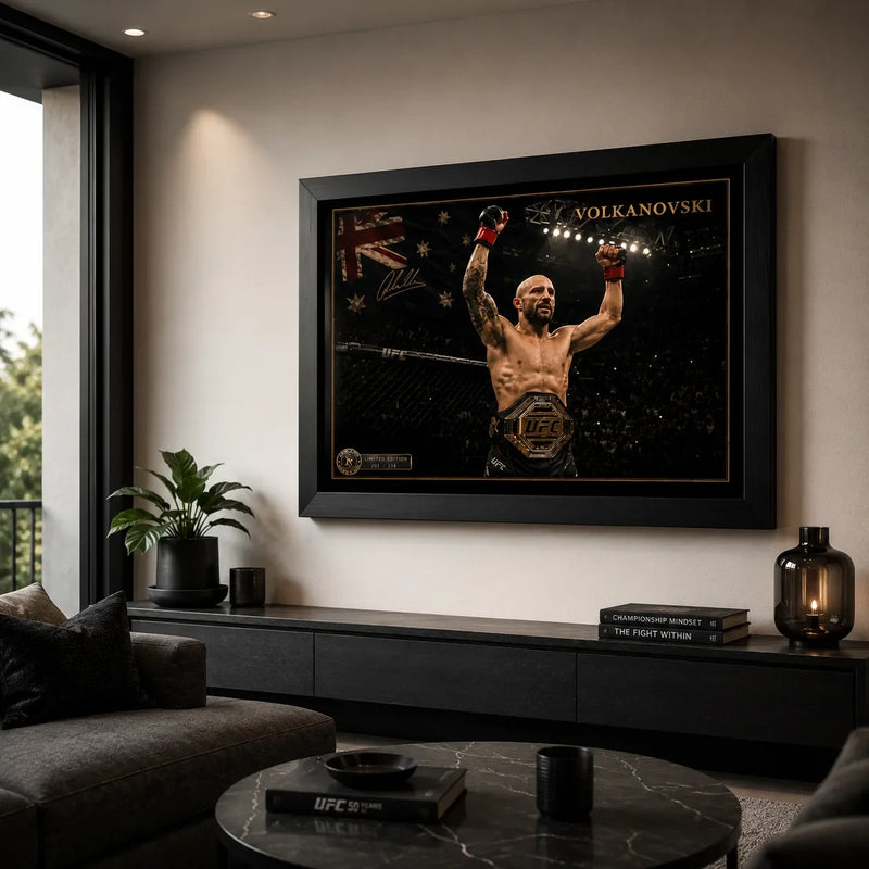 Alexander Volkanovski wall art displayed in a premium modern living room with a black timber frame.