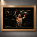 Oak framed Alexander Volkanovski wall art featuring the UFC champion with his title belt raised.