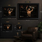 Alexander Volkanovski wall art size guide showing Small, Medium, Large and X Large framed dimensions.