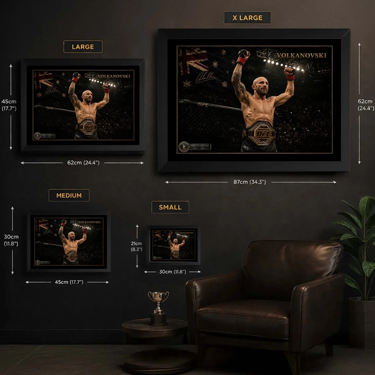 Alexander Volkanovski wall art size guide showing Small, Medium, Large and X Large framed dimensions.