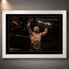 White framed Alexander Volkanovski combat wall art featuring the champion inside the UFC octagon.