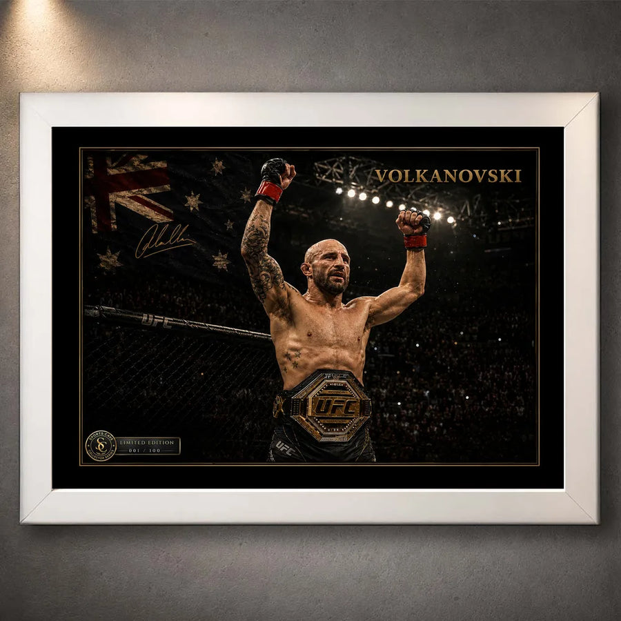 White framed Alexander Volkanovski combat wall art featuring the champion inside the UFC octagon.