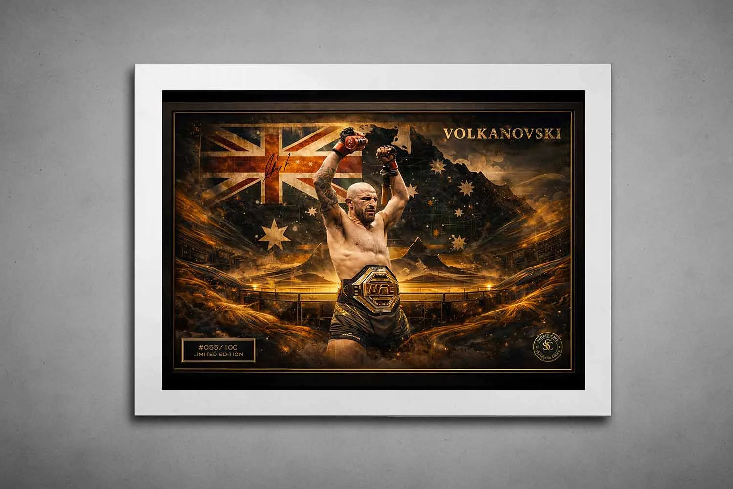White-framed Alexander Volkanovski UFC championship artwork, clean modern presentation suited for collectors of sports wall art.