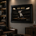 Black framed Aaron Judge All Rise baseball wall art in a dark premium man cave with leather seating