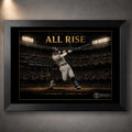 Black framed Aaron Judge All Rise baseball wall art showing his 62nd home run under stadium lights