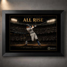 Black framed Aaron Judge All Rise baseball wall art showing his 62nd home run under stadium lights