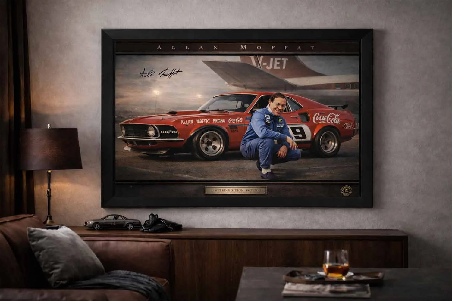 Allan Moffat racing wall art displayed in a modern man cave setting, styled as premium sports collectibles.