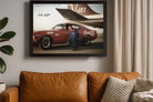 Allan Moffat Coca Cola Ford Falcon framed print styled above leather sofa in man cave