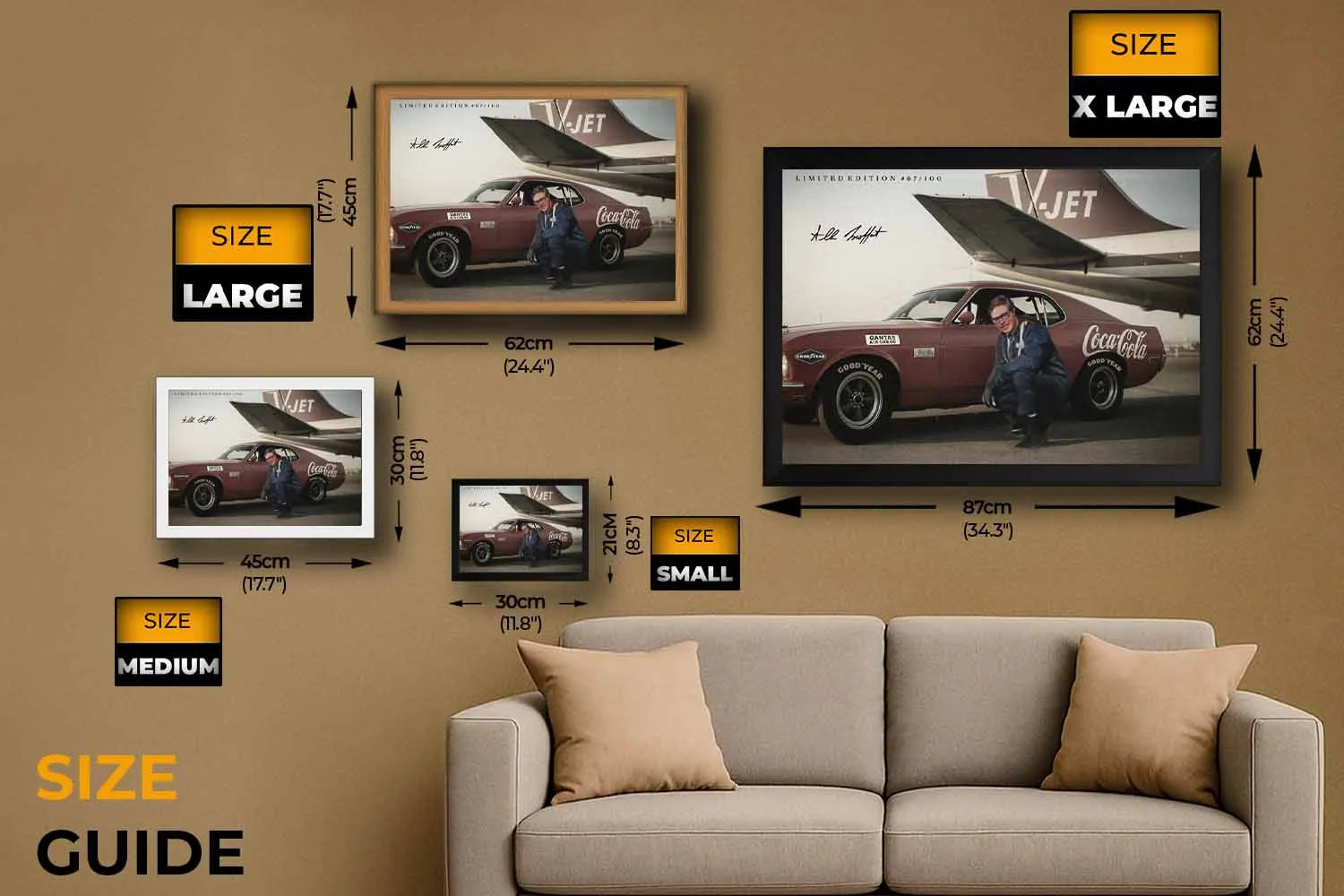 Allan Moffat Coca Cola Ford Falcon wall art size guide showing small medium large and extra large frames