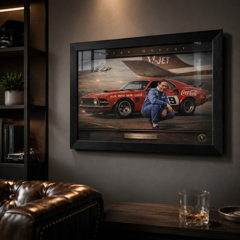 Allan Moffat motorsport wall art displayed in a dark man cave for fans of raw V8 racing history and Bathurst-era pride.