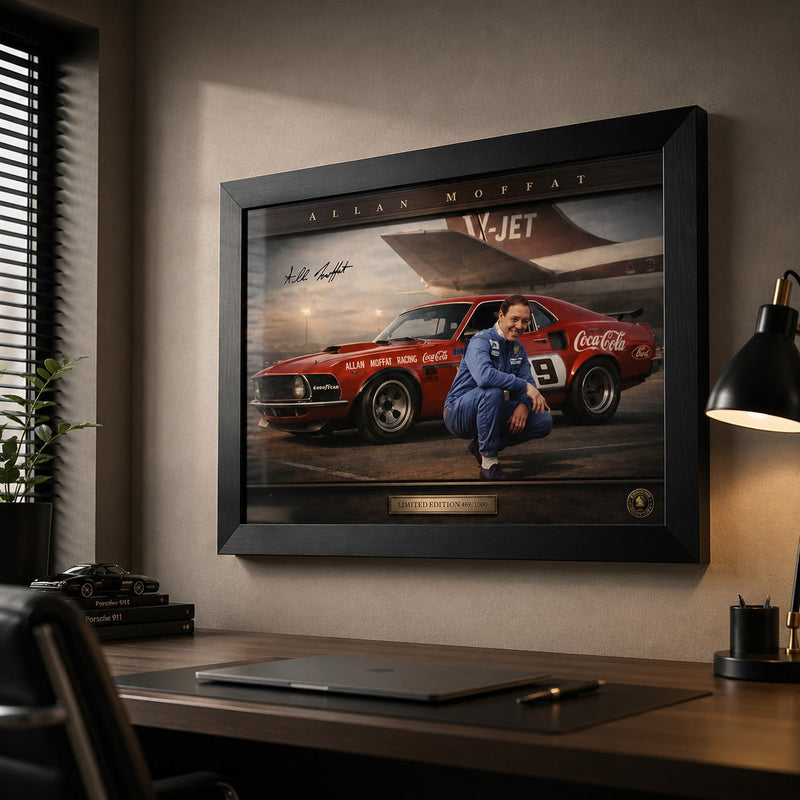 Allan Moffat framed sports art styled in a modern office for collectors of classic Australian motorsport history.