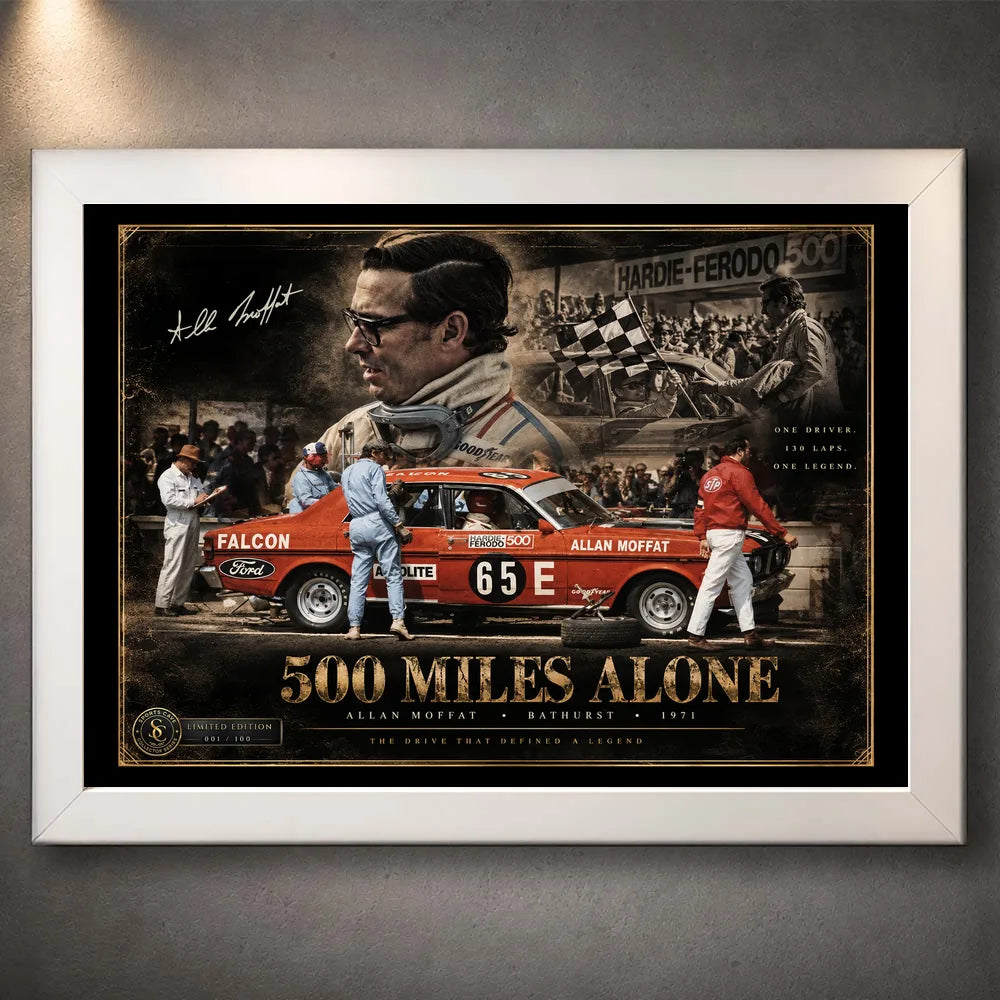 White framed Allan Moffat 500 Miles Alone motorsport wall art featuring the collector tribute design.
