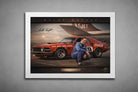 White framed Allan Moffat racing scene with vintage car detail, presented as clean and modern sports wall art.