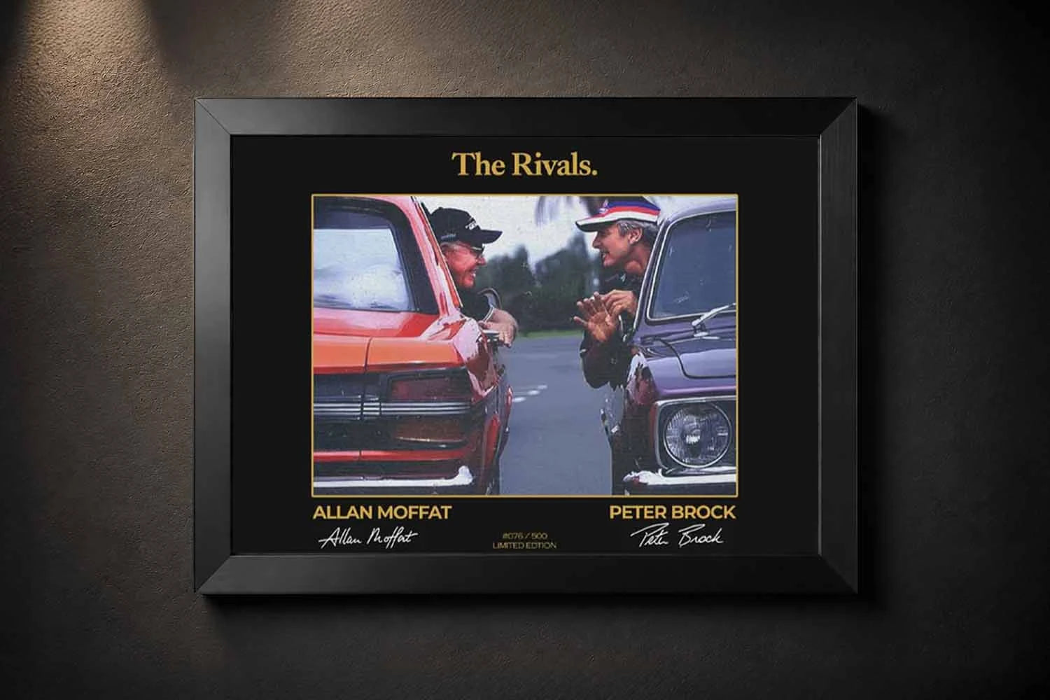 Allan Moffat vs Peter Brock black framed motorsport poster showcasing the iconic Australian racing rivalry with luxury vintage motorsport styling.