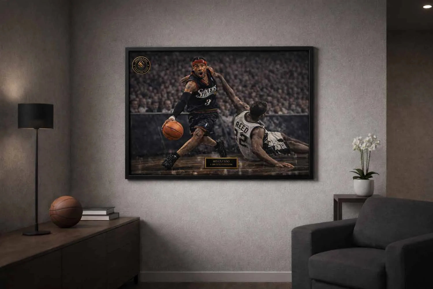 Allen Iverson NBA crossover versus Reed displayed in a modern man cave setting, styled as bold man cave wall décor.