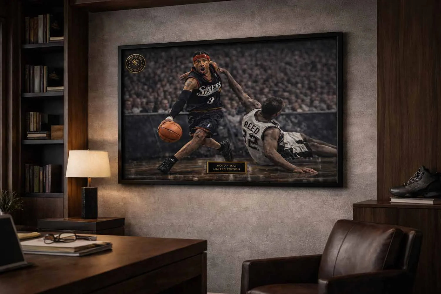 Framed Allen Iverson crossover against Reed showcased in a refined office interior, ideal as framed sports memorabilia.
