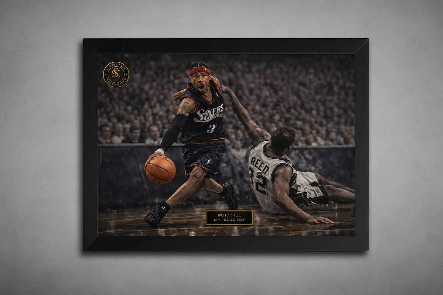 Black framed artwork capturing Allen Iverson’s legendary crossover against Reed, designed as framed sports art for collectors.