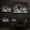 Size guide for Allen Iverson framed basketball wall art showing S, M, L and XL display dimensions.