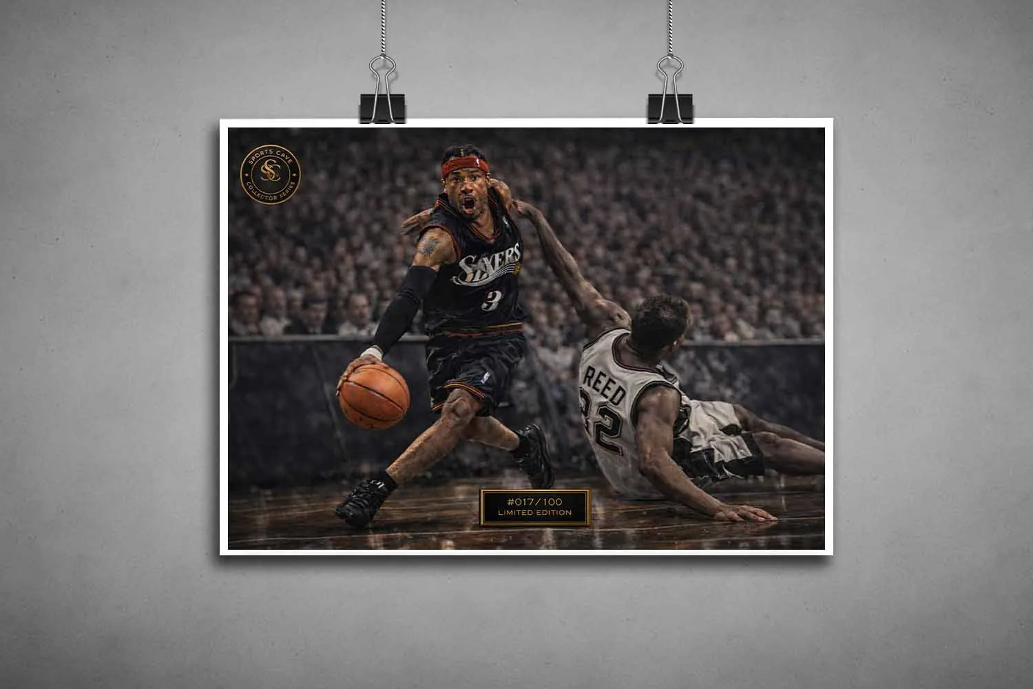 Unframed Allen Iverson NBA crossover against Reed highlighting raw artwork detail, perfect for custom framing as sports art prints.