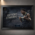 Black framed Anthony Edwards basketball wall art with Timberwolves jersey pull and stadium backdrop.