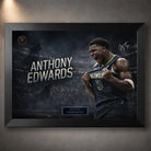 Black framed Anthony Edwards basketball wall art with Timberwolves jersey pull and stadium backdrop.