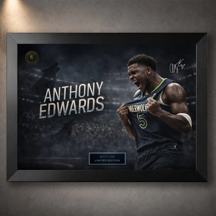 Black framed Anthony Edwards basketball wall art with Timberwolves jersey pull and stadium backdrop.