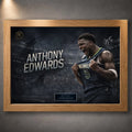 Oak framed Anthony Edwards basketball wall art with dark arena background and bold name typography.