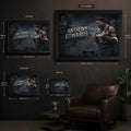 Anthony Edwards basketball wall art size guide showing S, M, L and XL framed print dimensions.