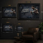 Anthony Edwards basketball wall art size guide showing S, M, L and XL framed print dimensions.