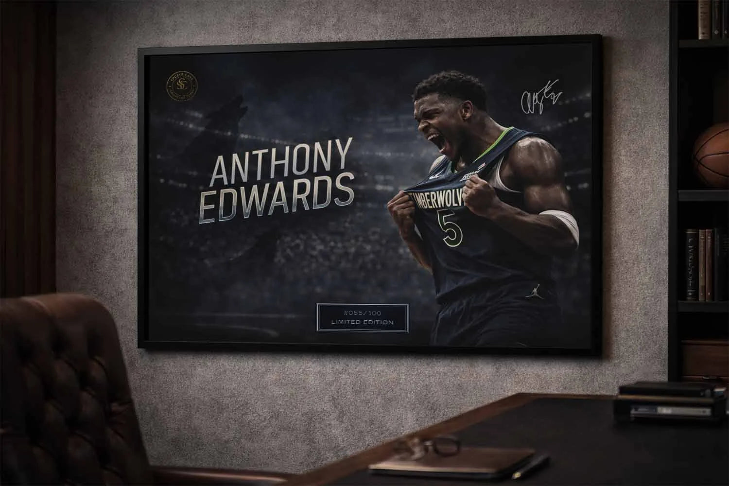 Anthony Edwards NBA framed artwork styled in a contemporary office interior, positioned as premium sports collectibles.