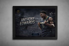 Black framed NBA artwork featuring Anthony Edwards celebrating mid-game, presented as premium framed sports art for collectors.