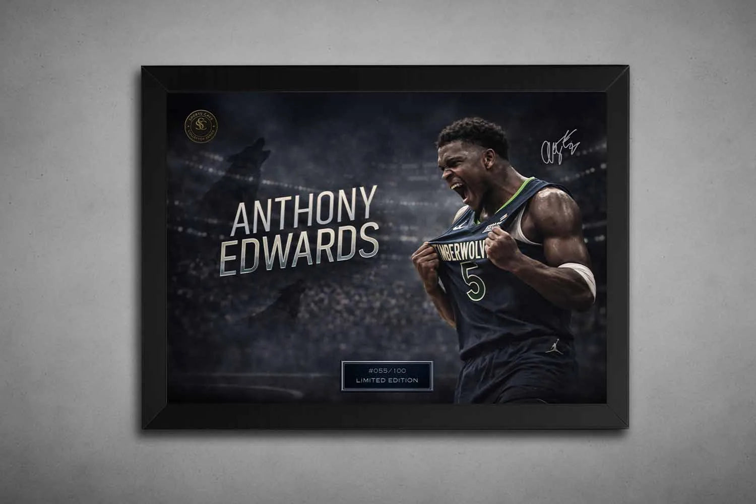 Black framed NBA artwork featuring Anthony Edwards celebrating mid-game, presented as premium framed sports art for collectors.