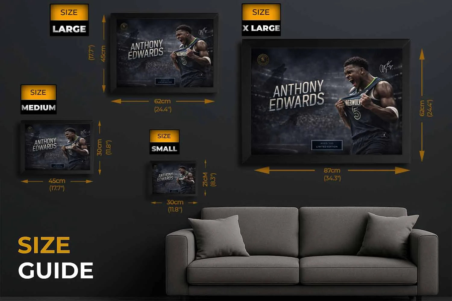 Size guide showing Anthony Edwards NBA wall art in multiple dimensions, helping buyers choose framed sports art scale confidently.