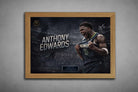 Oak framed Anthony Edwards NBA poster with cinematic crowd backdrop, designed as refined sports wall art for modern interiors.
