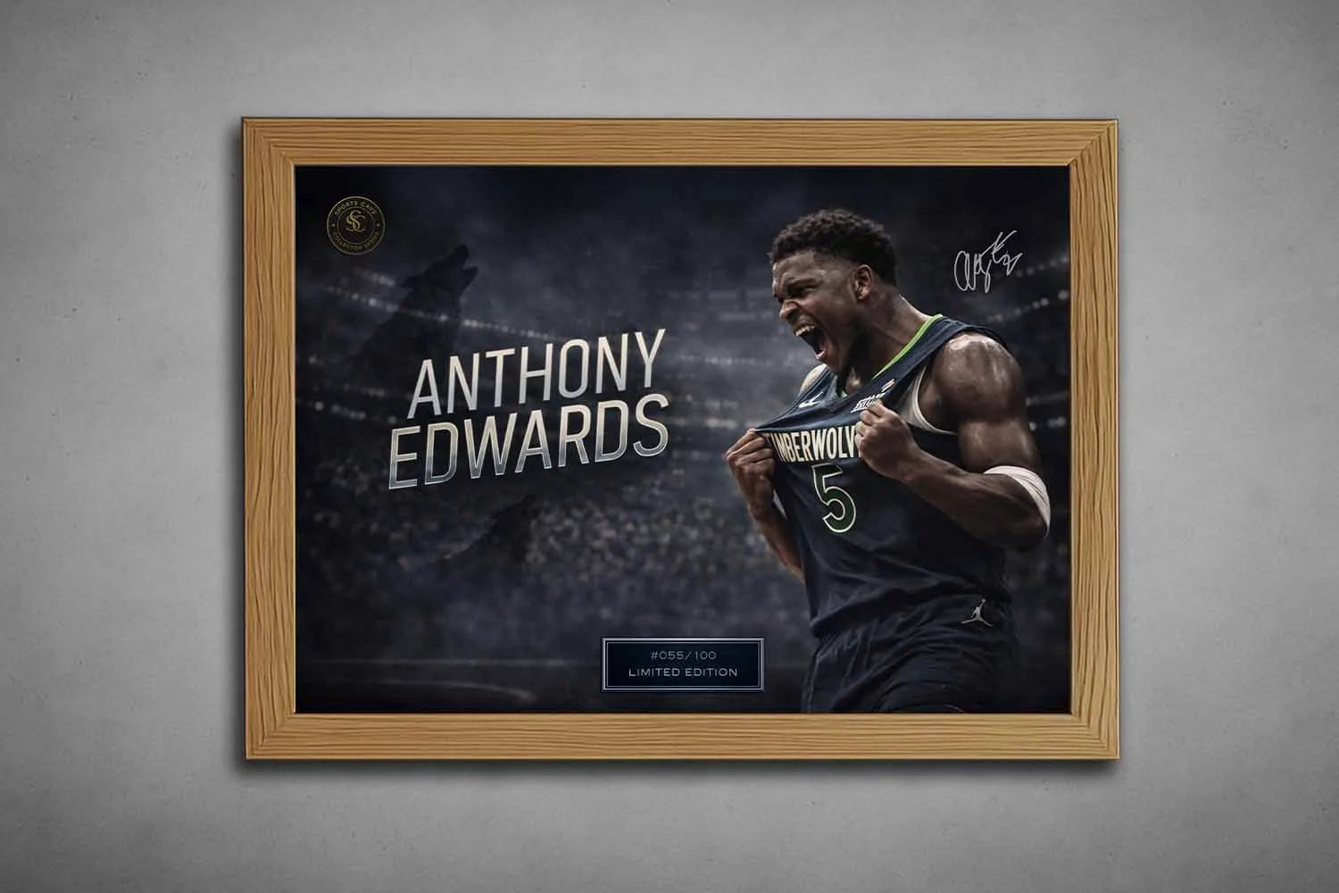 Oak framed Anthony Edwards NBA poster with cinematic crowd backdrop, designed as refined sports wall art for modern interiors.