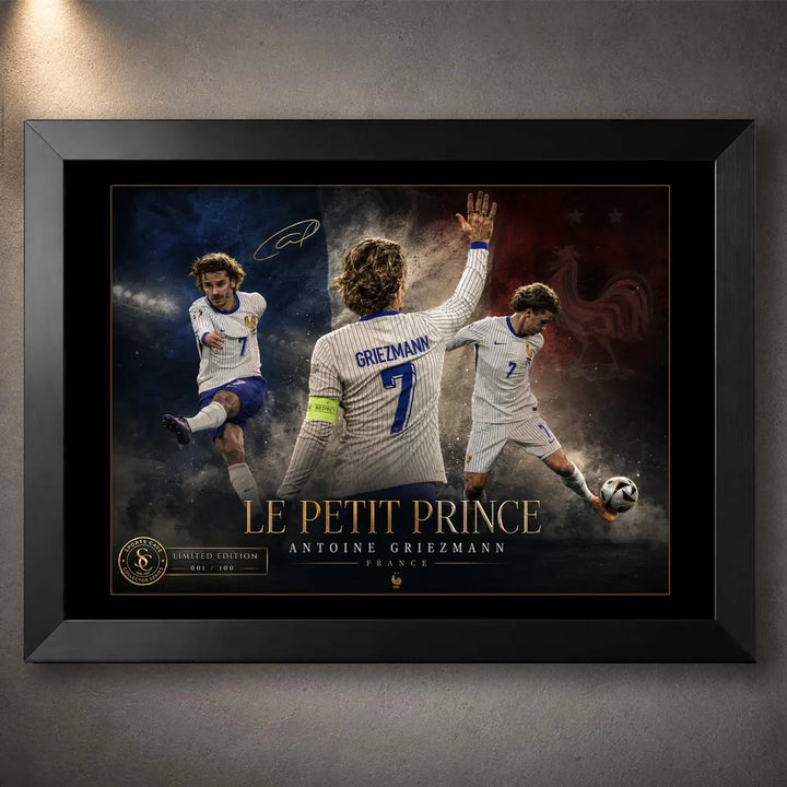 Antoine Griezmann soccer wall art in a black frame, featuring a France tribute design with dark stadium tones.