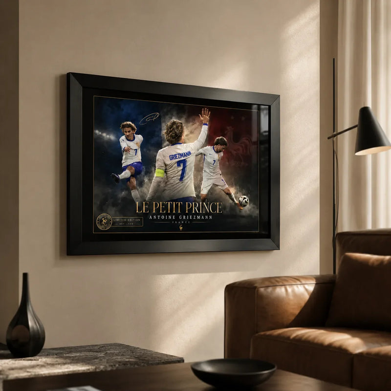 Antoine Griezmann framed soccer wall art displayed in a warm living room above a leather sofa.