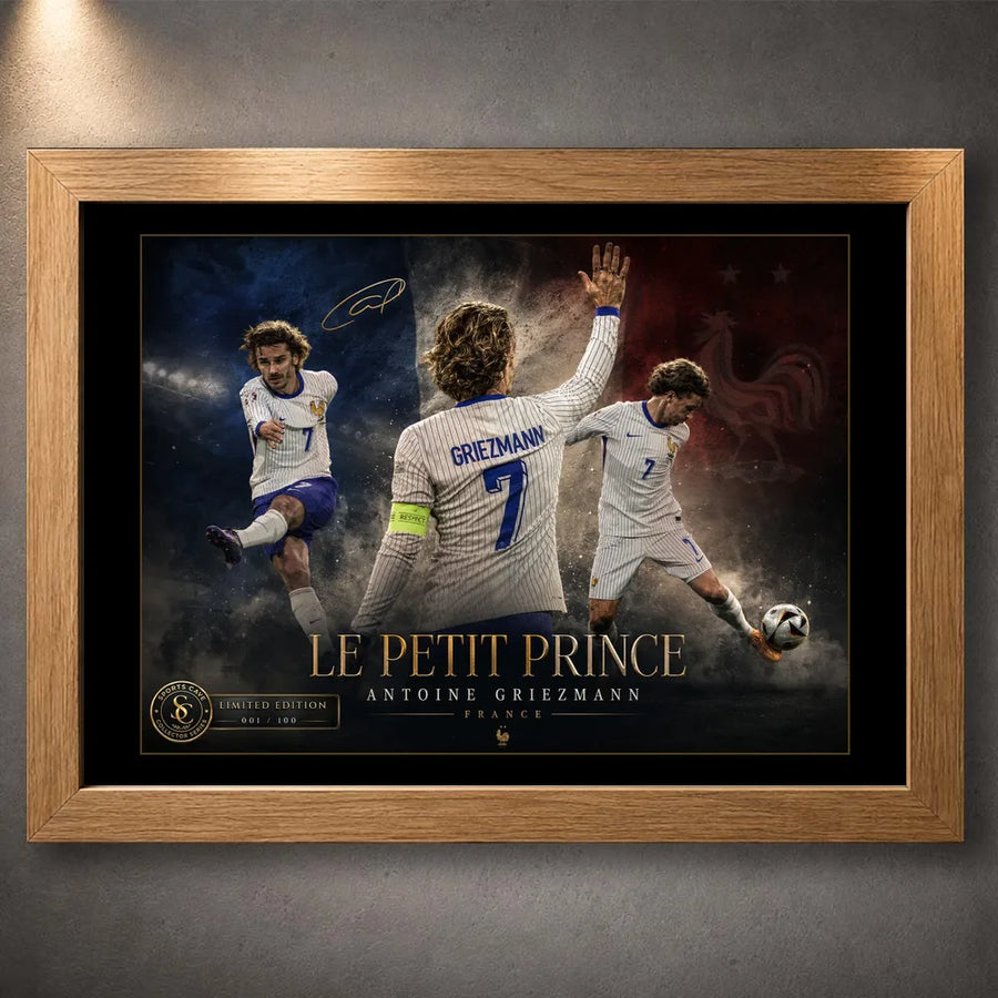 Antoine Griezmann soccer wall art in an oak frame, featuring France-inspired artwork on a dark wall.